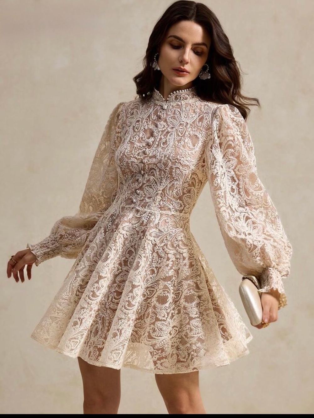 Lace High-Neck Fit & Flare Dress in Cream